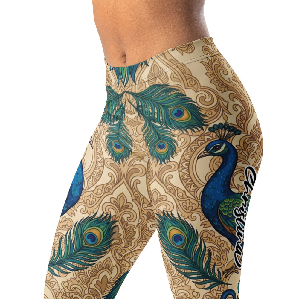Personalisierte Damen Sportleggings Pfau Design Pfauenfedern Beige Blau Yoga Fitness Leggings O036