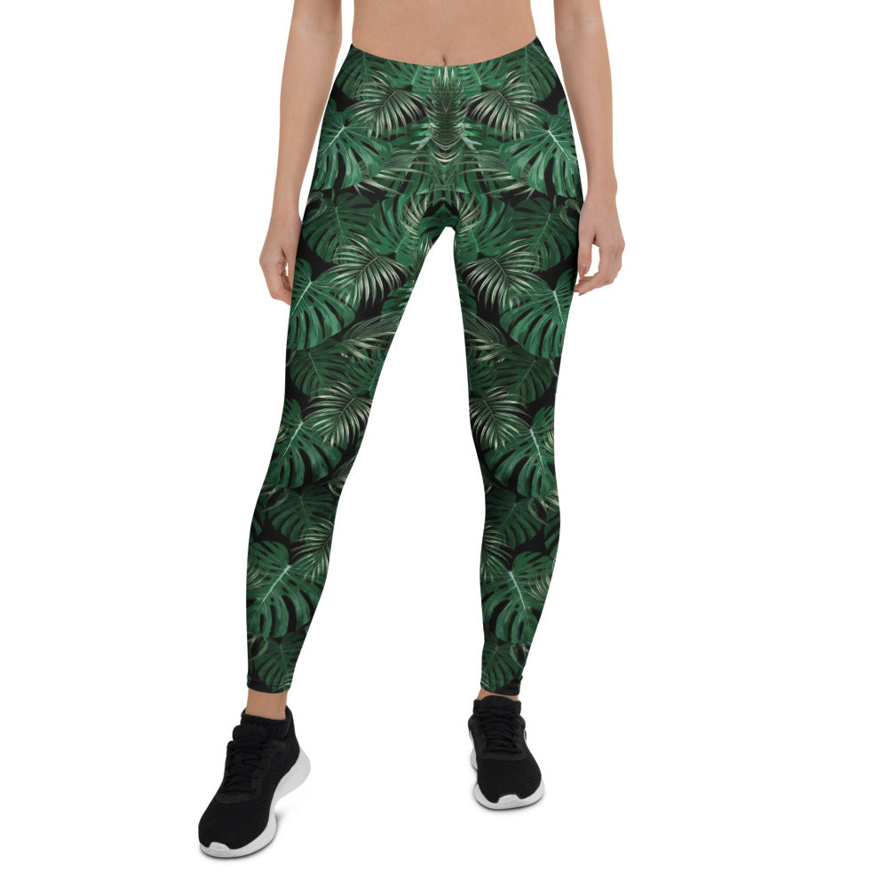 Personalisierte Sportleggings Damen Tropisches Monstera Muster Dunkelgrün Schwarz Fitness Yoga Leggings R964