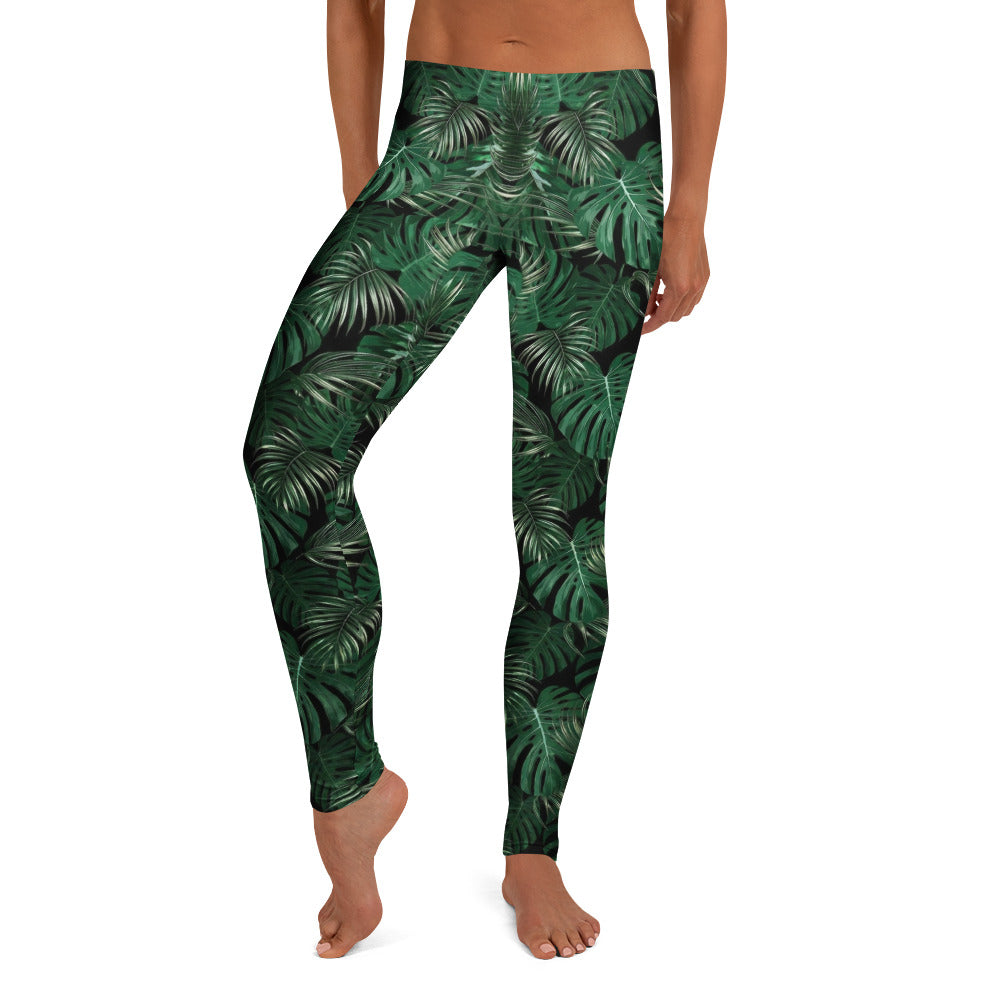 Personalisierte Sportleggings Damen Tropisches Monstera Muster Dunkelgrün Schwarz Fitness Yoga Leggings R964