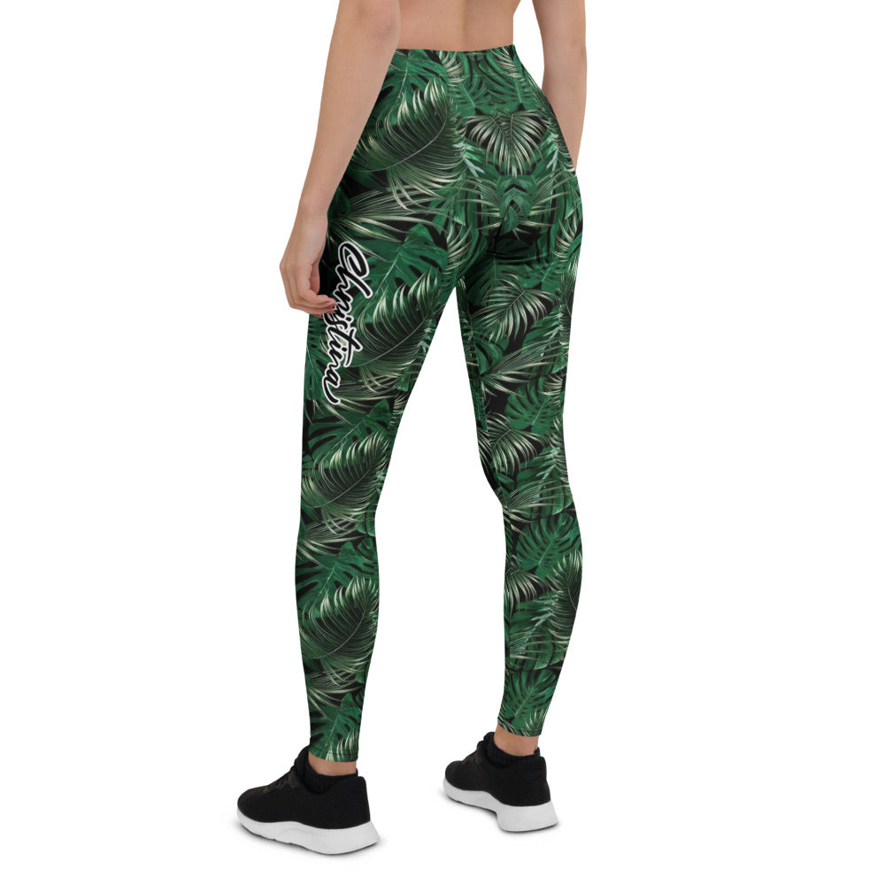 Personalisierte Sportleggings Damen Tropisches Monstera Muster Dunkelgrün Schwarz Fitness Yoga Leggings R964