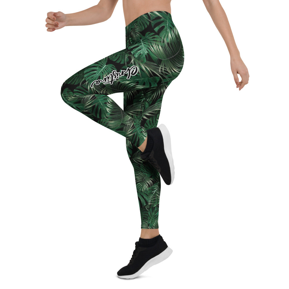 Personalisierte Sportleggings Damen Tropisches Monstera Muster Dunkelgrün Schwarz Fitness Yoga Leggings R964