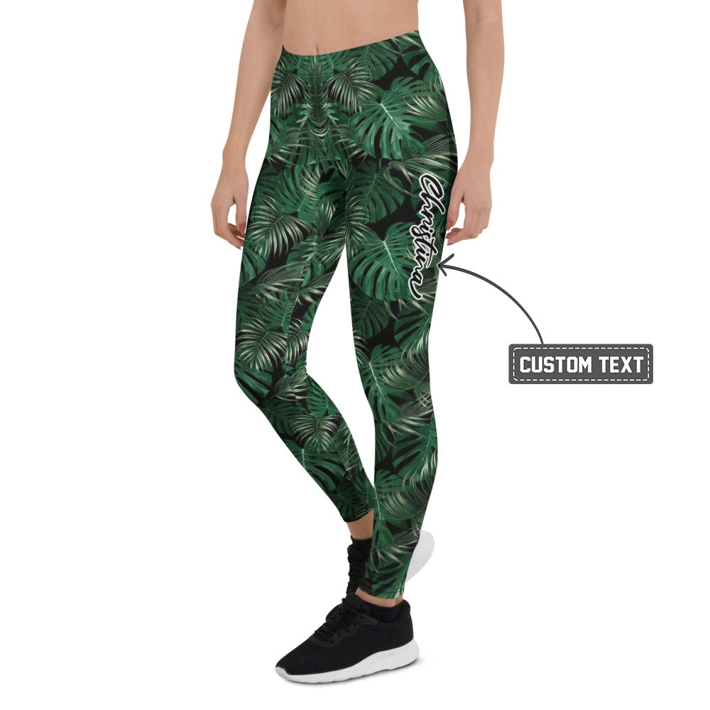 Personalisierte Sportleggings Damen Tropisches Monstera Muster Dunkelgrün Schwarz Fitness Yoga Leggings R964 - XL
