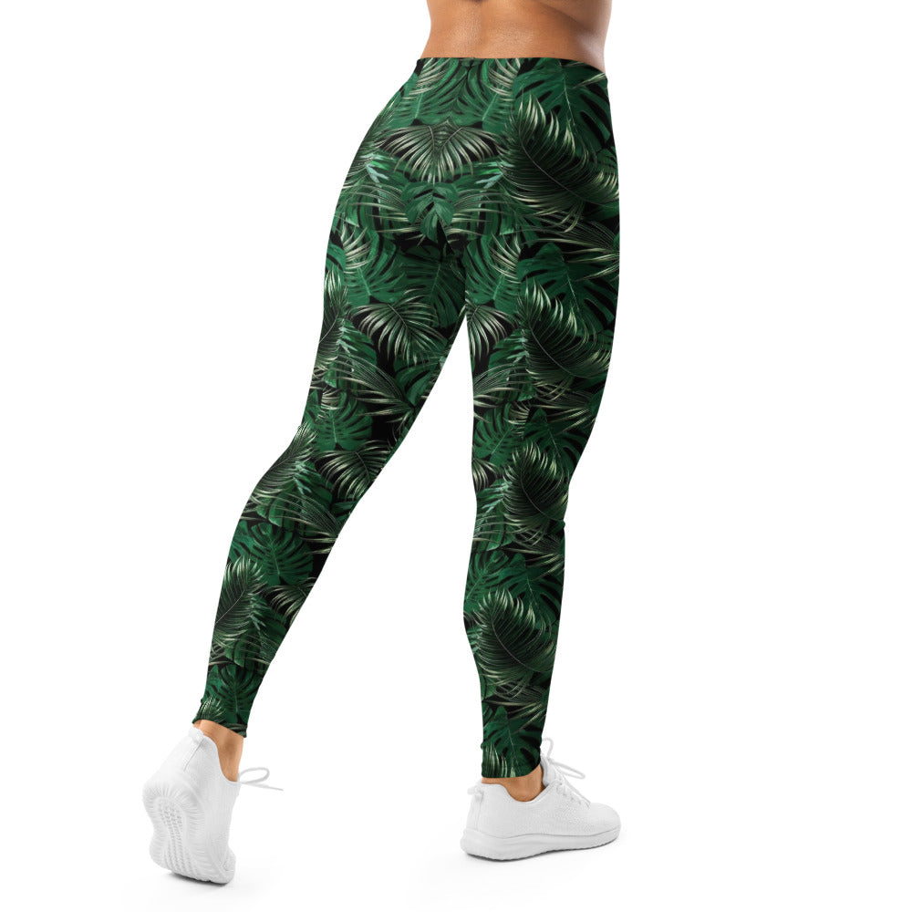 Personalisierte Sportleggings Damen Tropisches Monstera Muster Dunkelgrün Schwarz Fitness Yoga Leggings R964