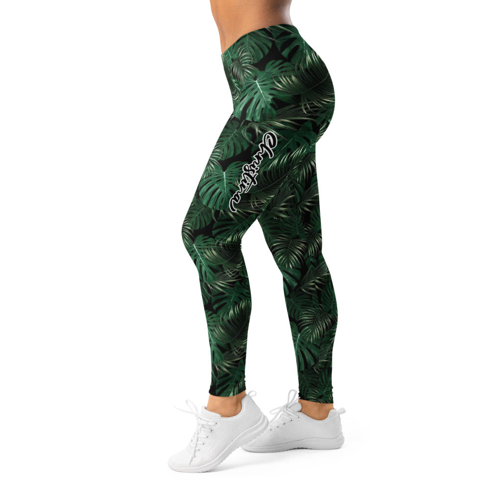 Personalisierte Sportleggings Damen Tropisches Monstera Muster Dunkelgrün Schwarz Fitness Yoga Leggings R964