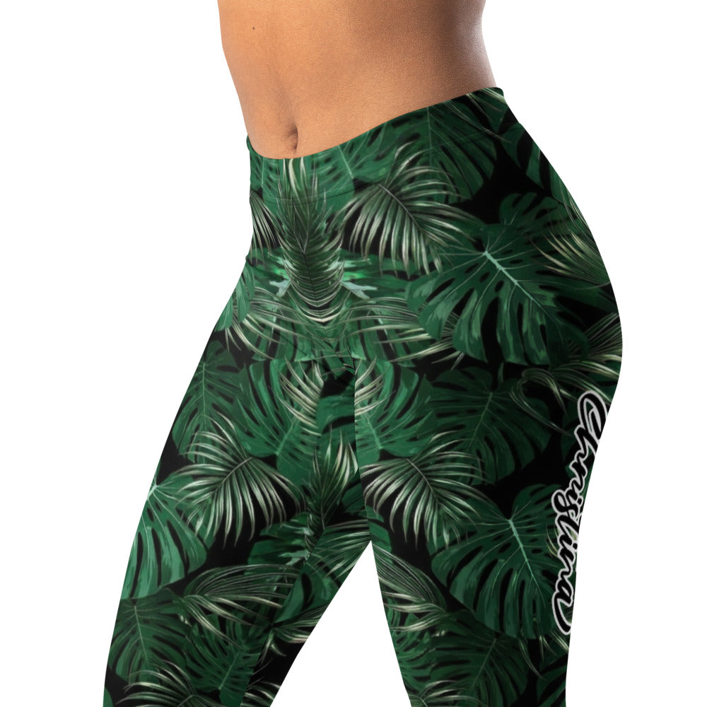 Personalisierte Sportleggings Damen Tropisches Monstera Muster Dunkelgrün Schwarz Fitness Yoga Leggings R964