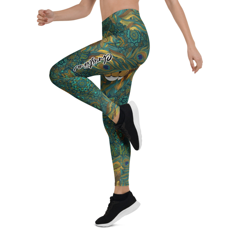 Personalisierte Damen Sportleggings Löwen Motiv Mandala Design Türkis Grün Fitness Leggings B548