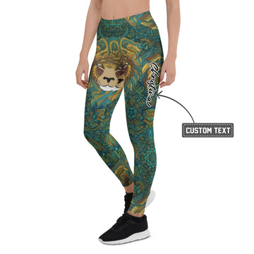 Personalisierte Damen Sportleggings Löwen Motiv Mandala Design Türkis Grün Fitness Leggings B548 - XL
