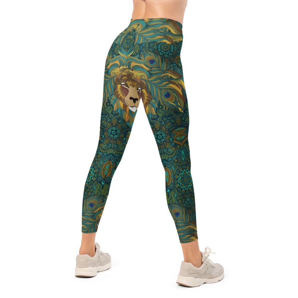 Personalisierte Damen Sportleggings Löwen Motiv Mandala Design Türkis Grün Fitness Leggings B548