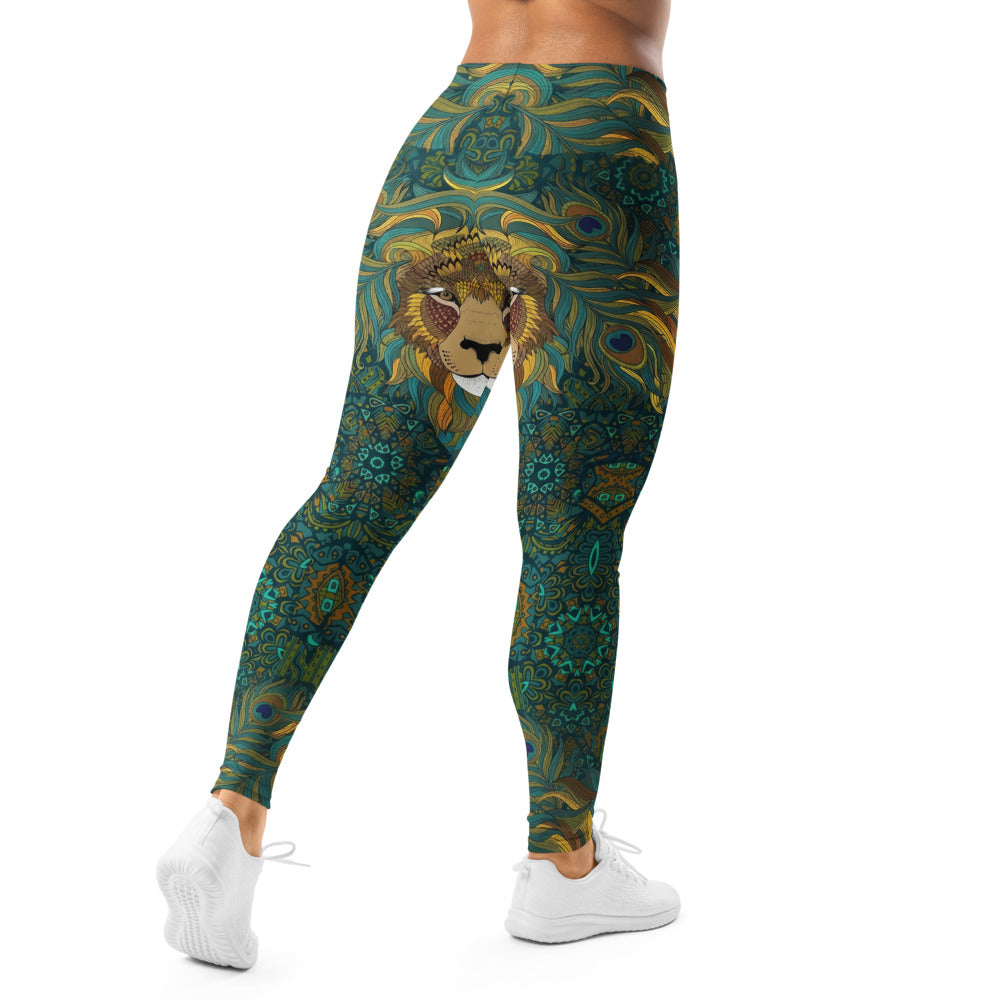 Personalisierte Damen Sportleggings Löwen Motiv Mandala Design Türkis Grün Fitness Leggings B548