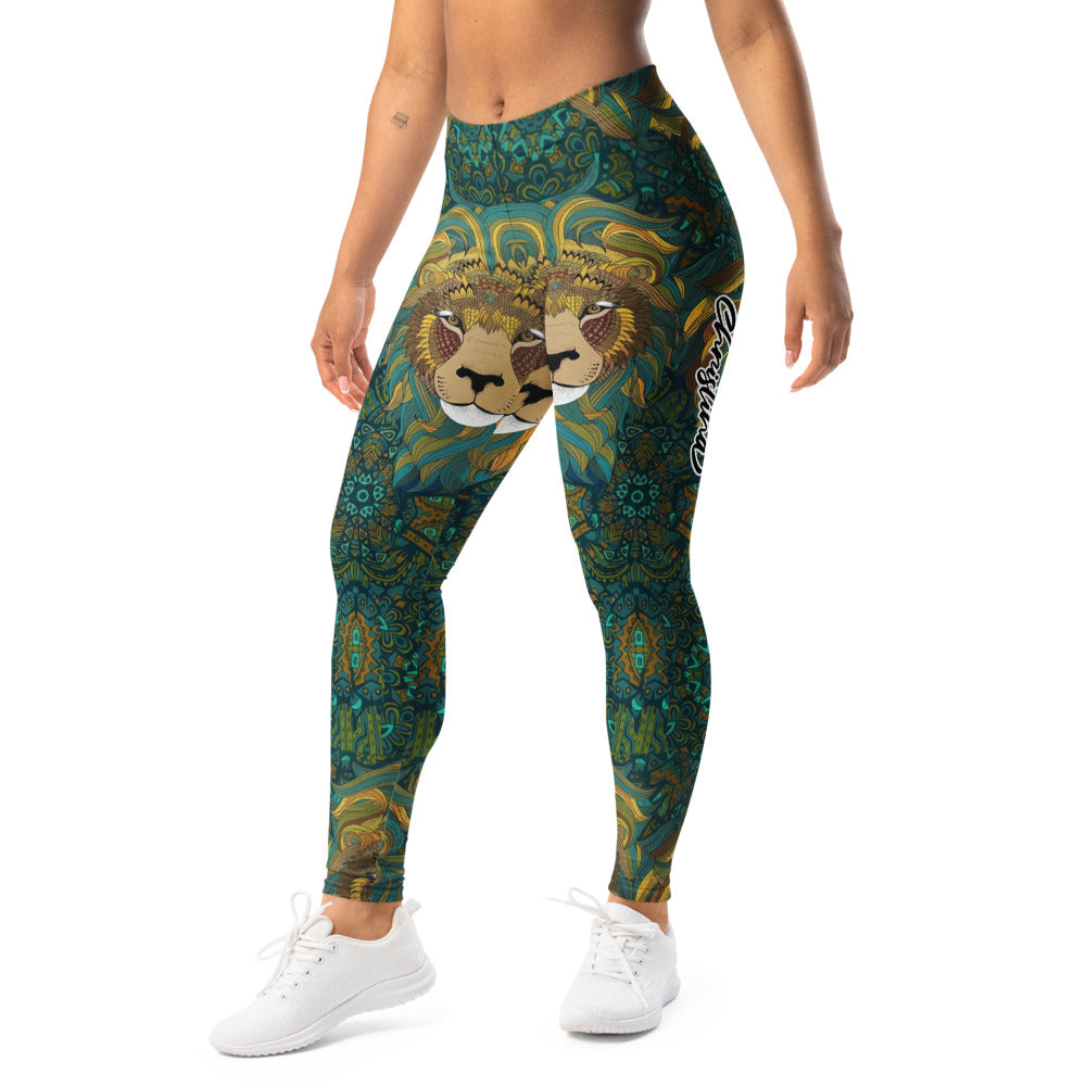 Personalisierte Damen Sportleggings Löwen Motiv Mandala Design Türkis Grün Fitness Leggings B548