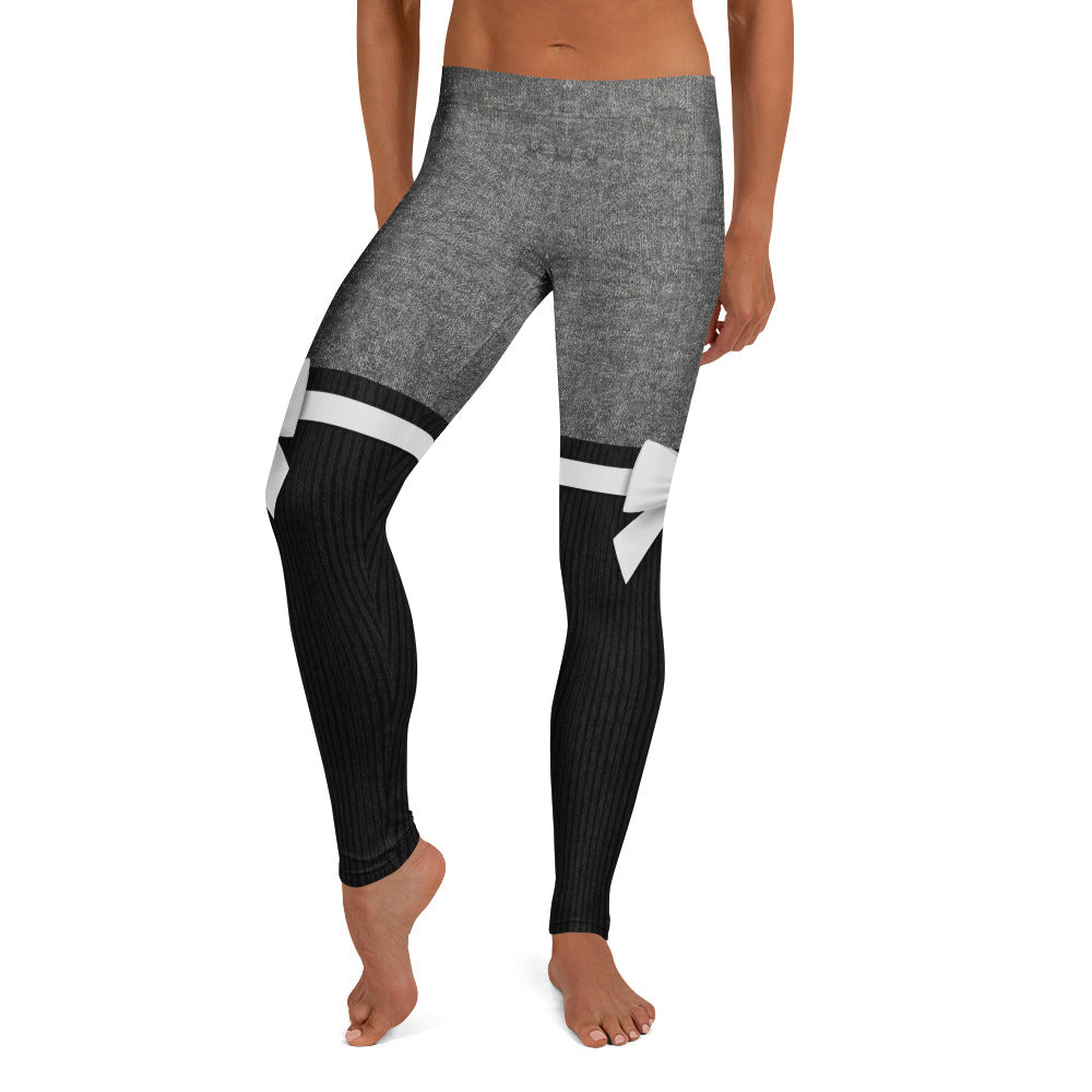 Personalisierte Damen Sportleggings Grau Schwarz Overknee-Optik mit Schleifen Design Fitness Leggings M877