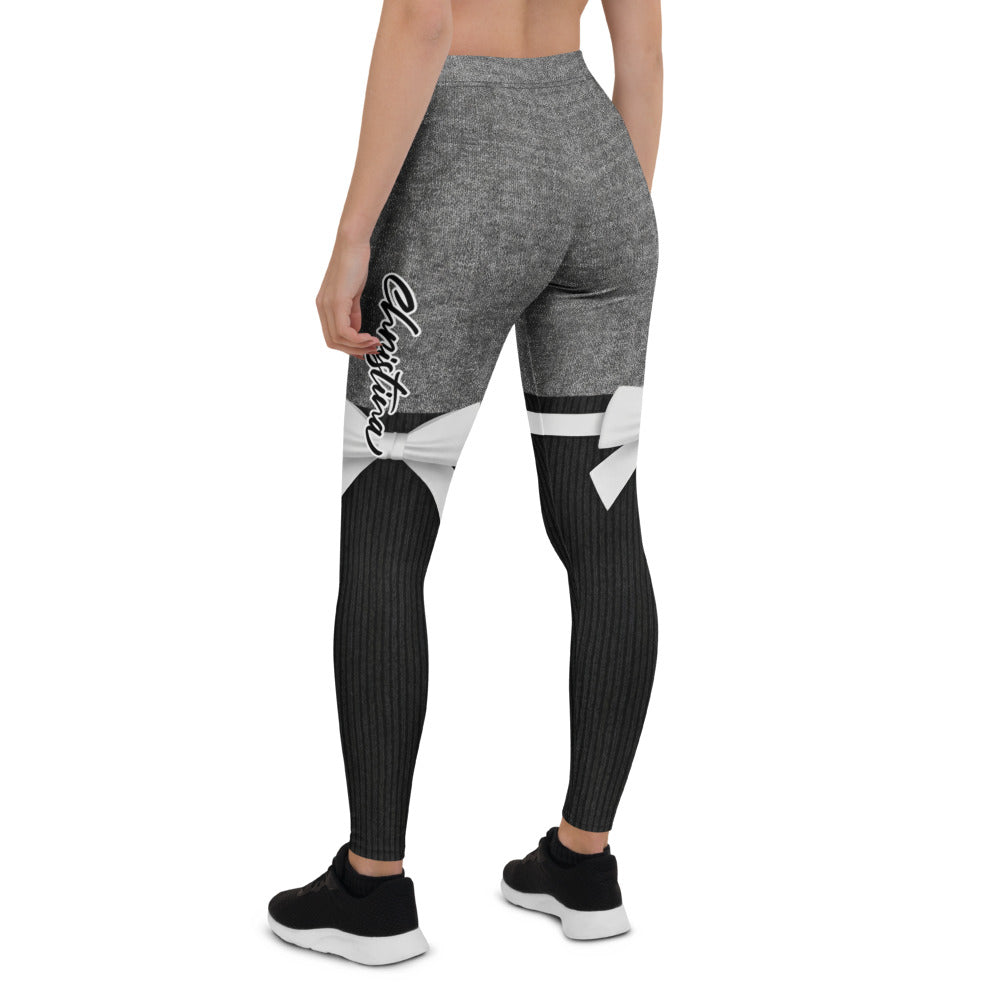Personalisierte Damen Sportleggings Grau Schwarz Overknee-Optik mit Schleifen Design Fitness Leggings M877