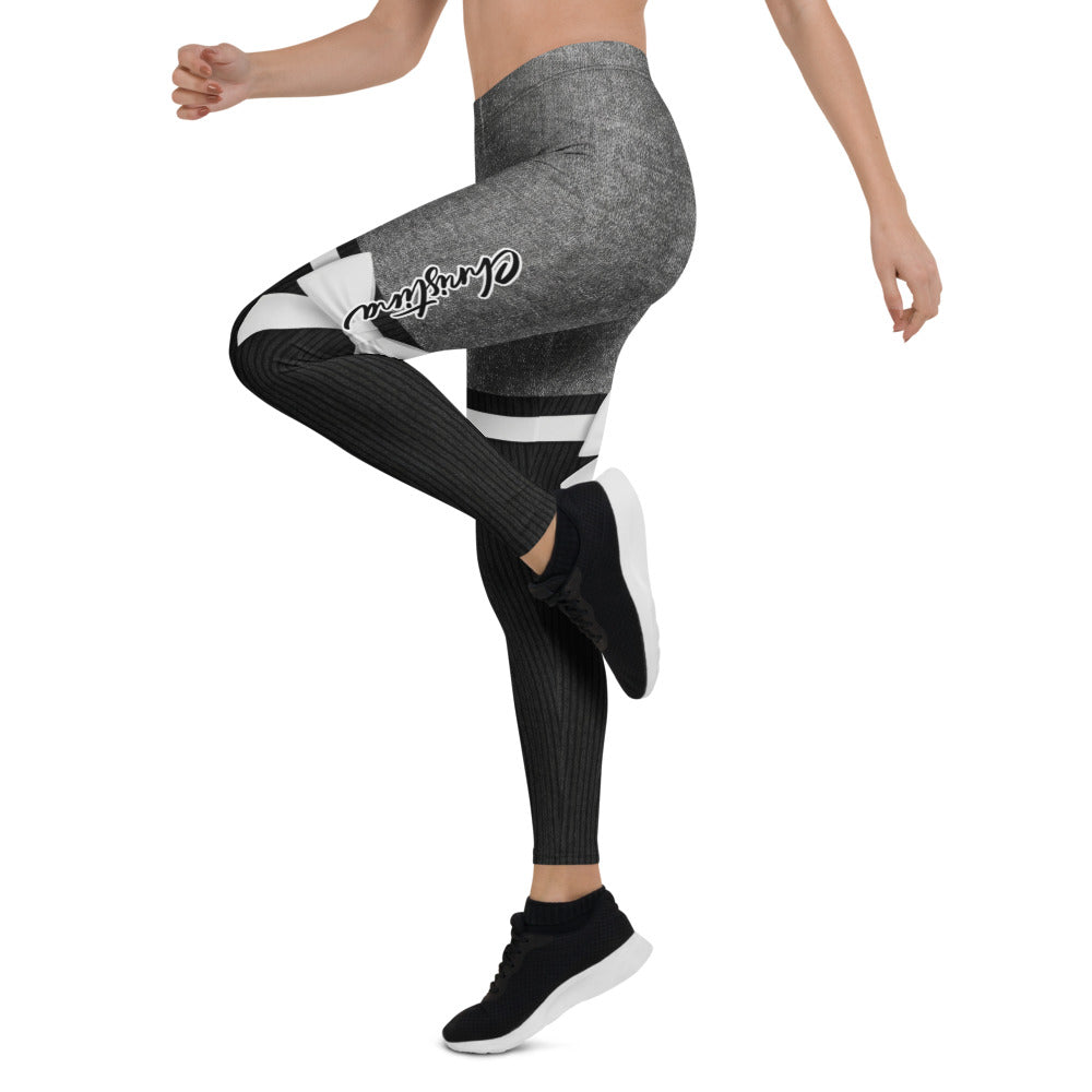 Personalisierte Damen Sportleggings Grau Schwarz Overknee-Optik mit Schleifen Design Fitness Leggings M877