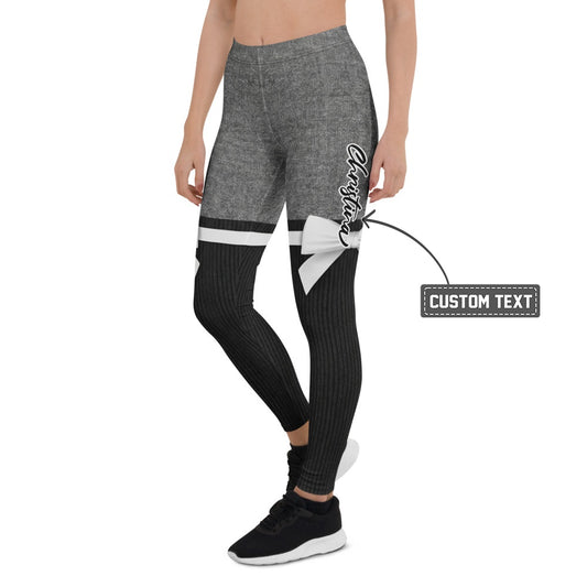 Personalisierte Damen Sportleggings Grau Schwarz Overknee-Optik mit Schleifen Design Fitness Leggings M877 - XL