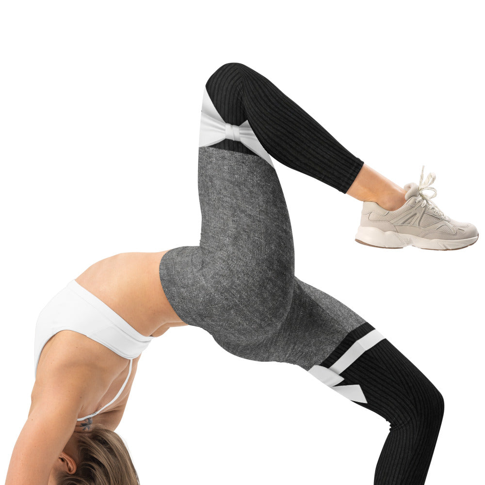 Personalisierte Damen Sportleggings Grau Schwarz Overknee-Optik mit Schleifen Design Fitness Leggings M877