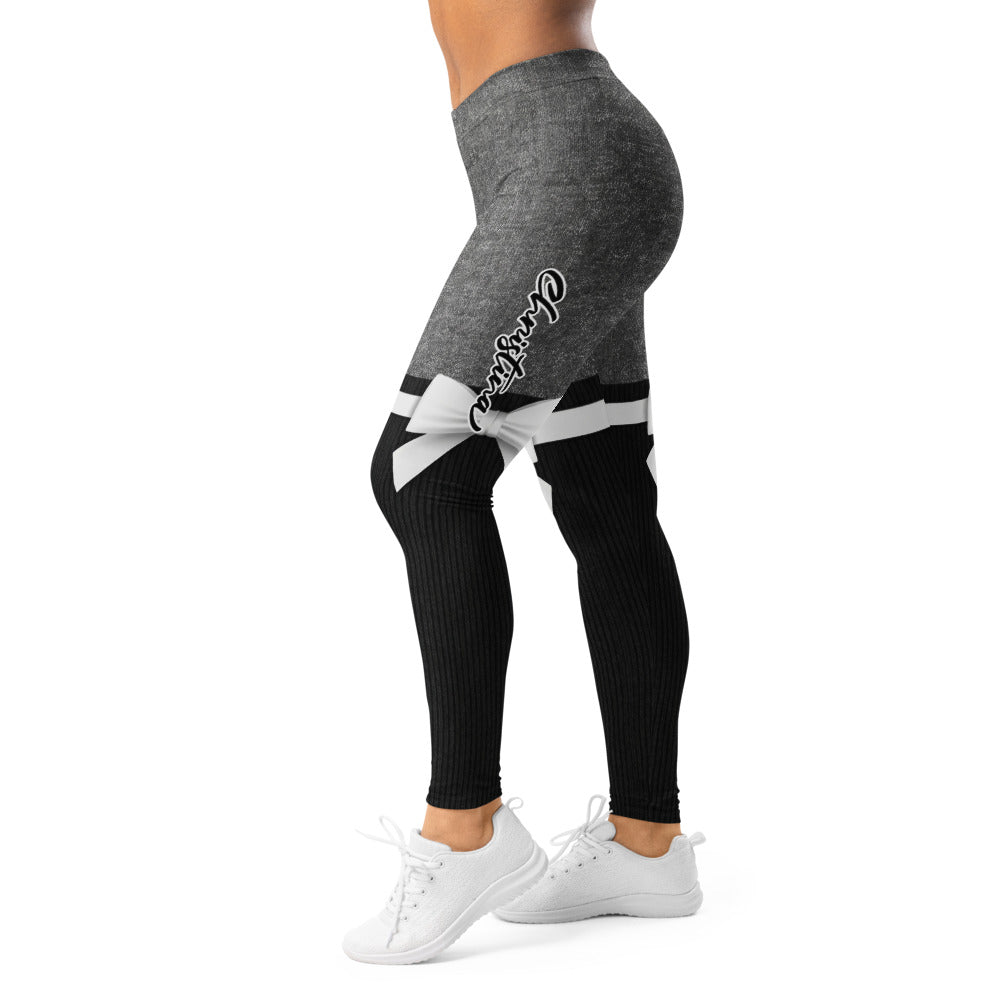 Personalisierte Damen Sportleggings Grau Schwarz Overknee-Optik mit Schleifen Design Fitness Leggings M877