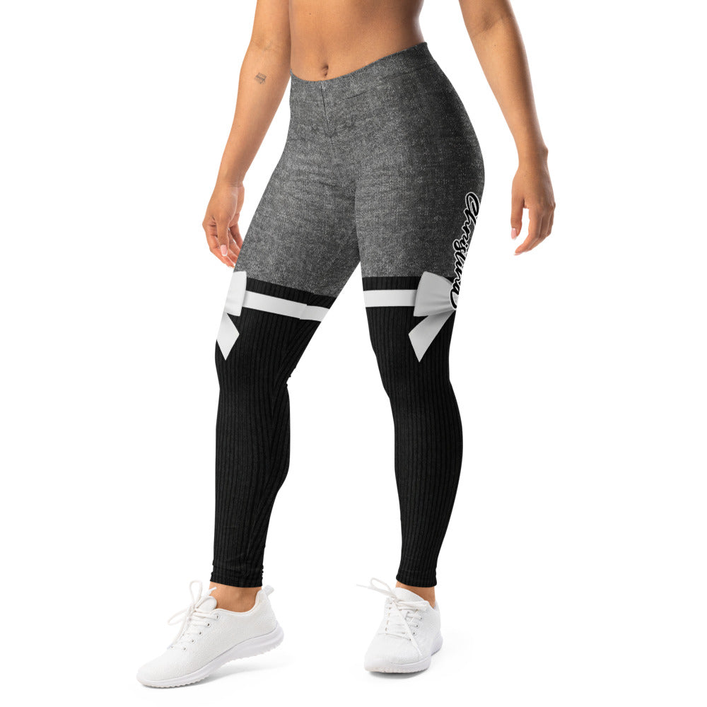Personalisierte Damen Sportleggings Grau Schwarz Overknee-Optik mit Schleifen Design Fitness Leggings M877