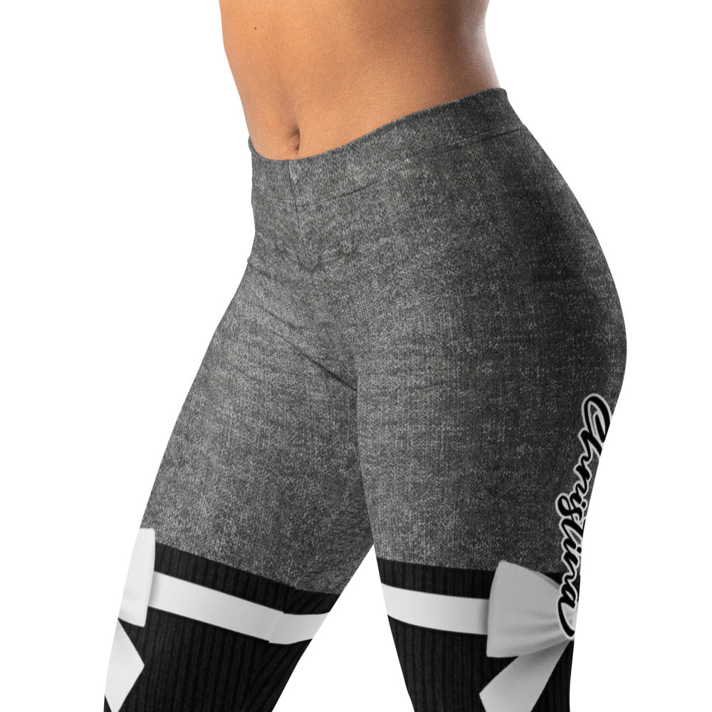 Personalisierte Damen Sportleggings Grau Schwarz Overknee-Optik mit Schleifen Design Fitness Leggings M877