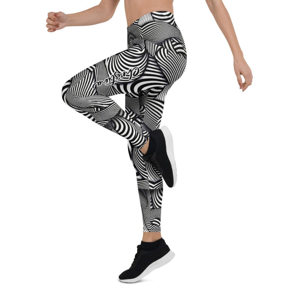 Personalisierte Damen Sportleggings Schwarz Weiß Optische Täuschung Geometrisches Muster Fitness Yoga Leggings W237