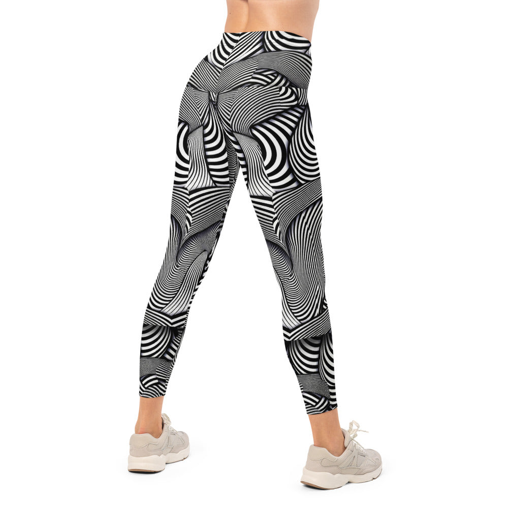 Personalisierte Damen Sportleggings Schwarz Weiß Optische Täuschung Geometrisches Muster Fitness Yoga Leggings W237