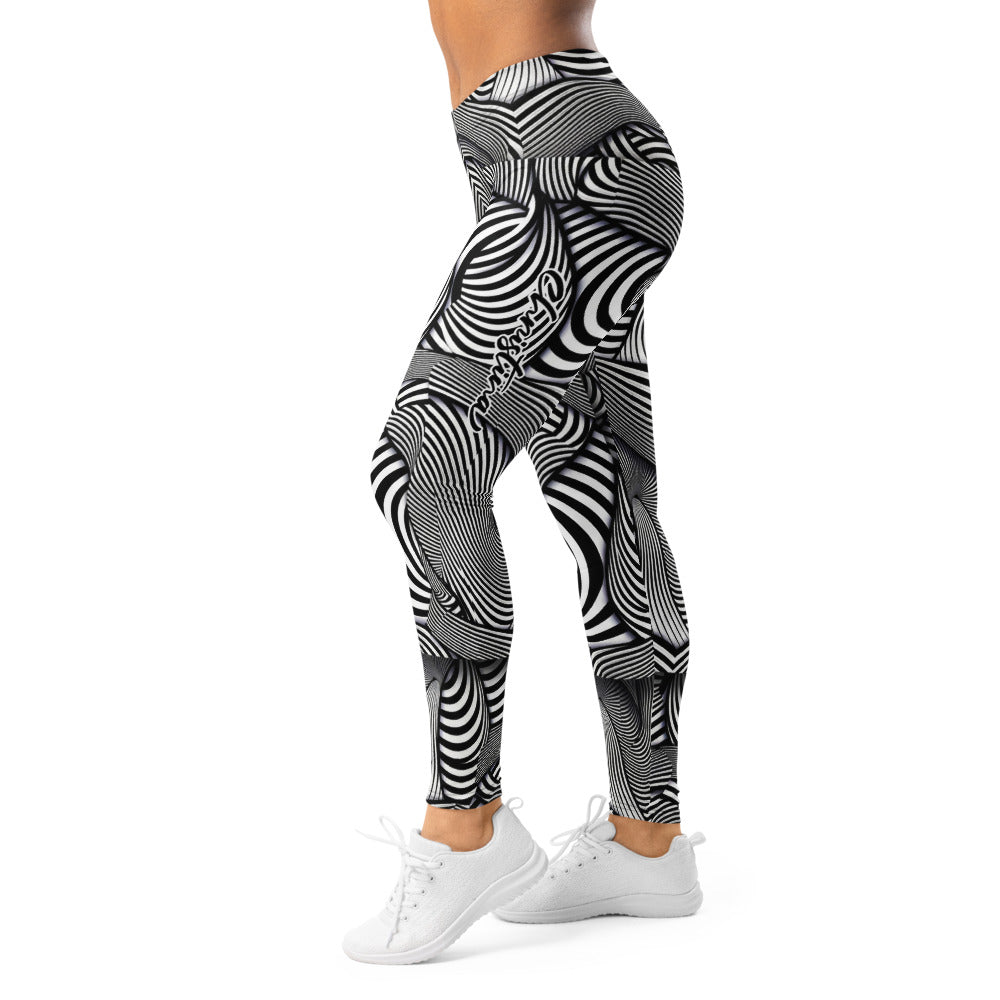 Personalisierte Damen Sportleggings Schwarz Weiß Optische Täuschung Geometrisches Muster Fitness Yoga Leggings W237