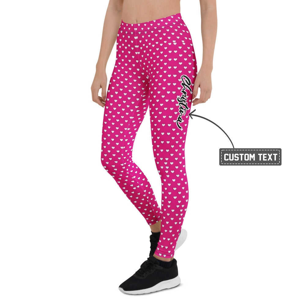 Personalisierte Damen Sportleggings Herzchen-Muster Pink Fitness Leggings Yoga Hose C354 - XL