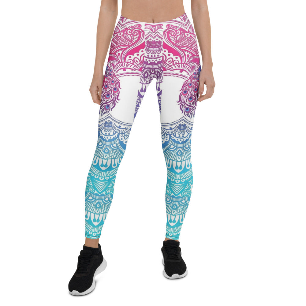 Personalisierte Damen Yoga Leggings Pfau Mandala Muster Weiß Türkis Pink Fitness Leggings Sportleggings W126
