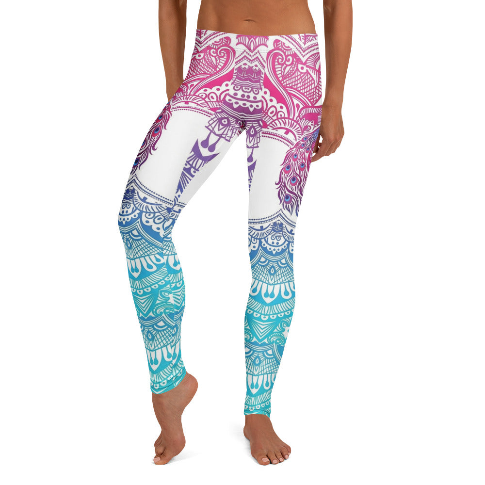Personalisierte Damen Yoga Leggings Pfau Mandala Muster Weiß Türkis Pink Fitness Leggings Sportleggings W126