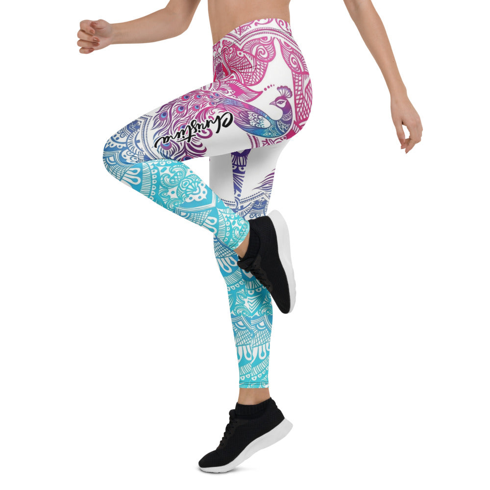 Personalisierte Damen Yoga Leggings Pfau Mandala Muster Weiß Türkis Pink Fitness Leggings Sportleggings W126