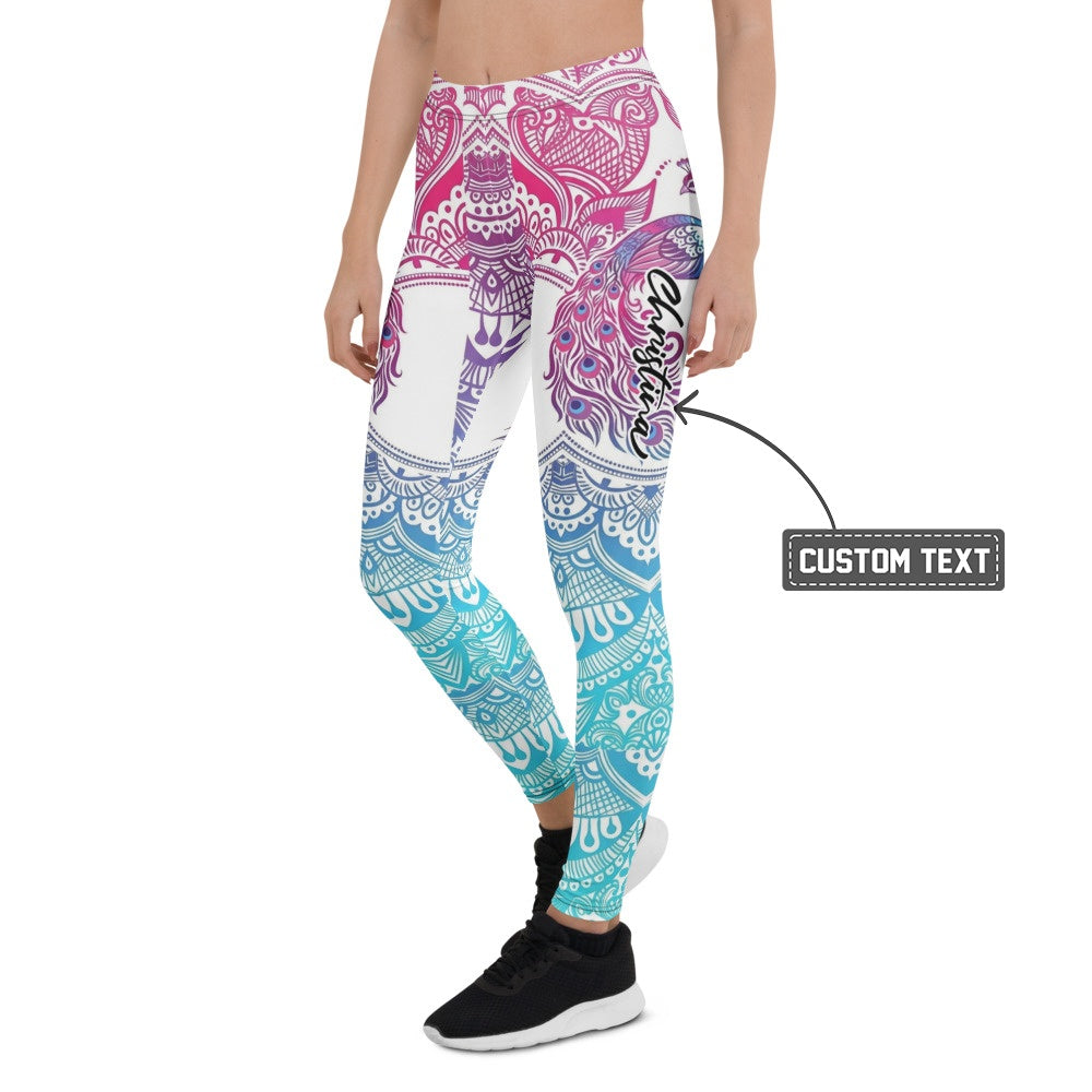 Personalisierte Damen Yoga Leggings Pfau Mandala Muster Weiß Türkis Pink Fitness Leggings Sportleggings W126 - XL