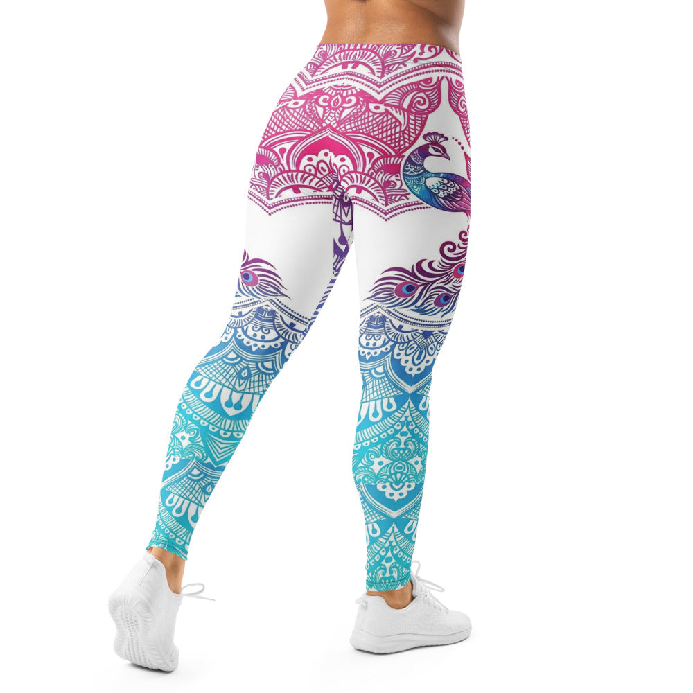 Personalisierte Damen Yoga Leggings Pfau Mandala Muster Weiß Türkis Pink Fitness Leggings Sportleggings W126