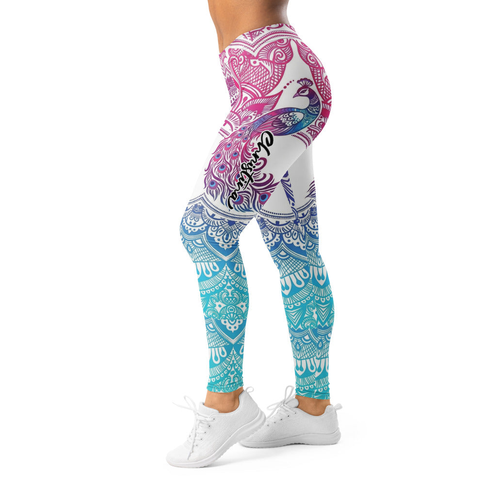 Personalisierte Damen Yoga Leggings Pfau Mandala Muster Weiß Türkis Pink Fitness Leggings Sportleggings W126