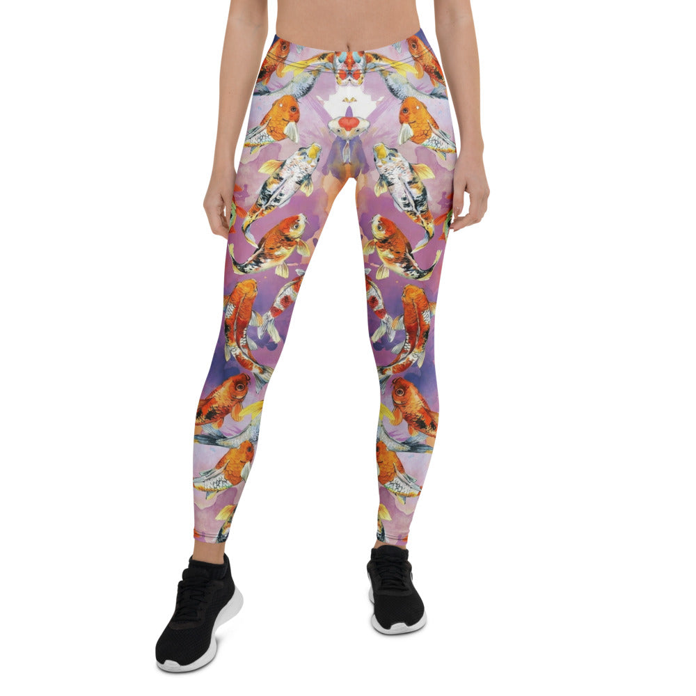 Personalisierte Damen Sportleggings Koi Karpfen Muster Japan Design Lila Fitness Yoga Leggings U414
