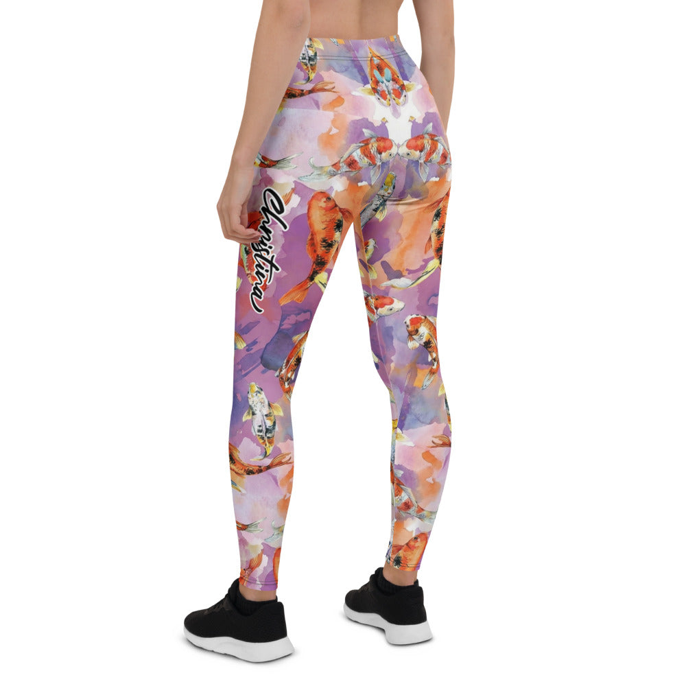 Personalisierte Damen Sportleggings Koi Karpfen Muster Japan Design Lila Fitness Yoga Leggings U414