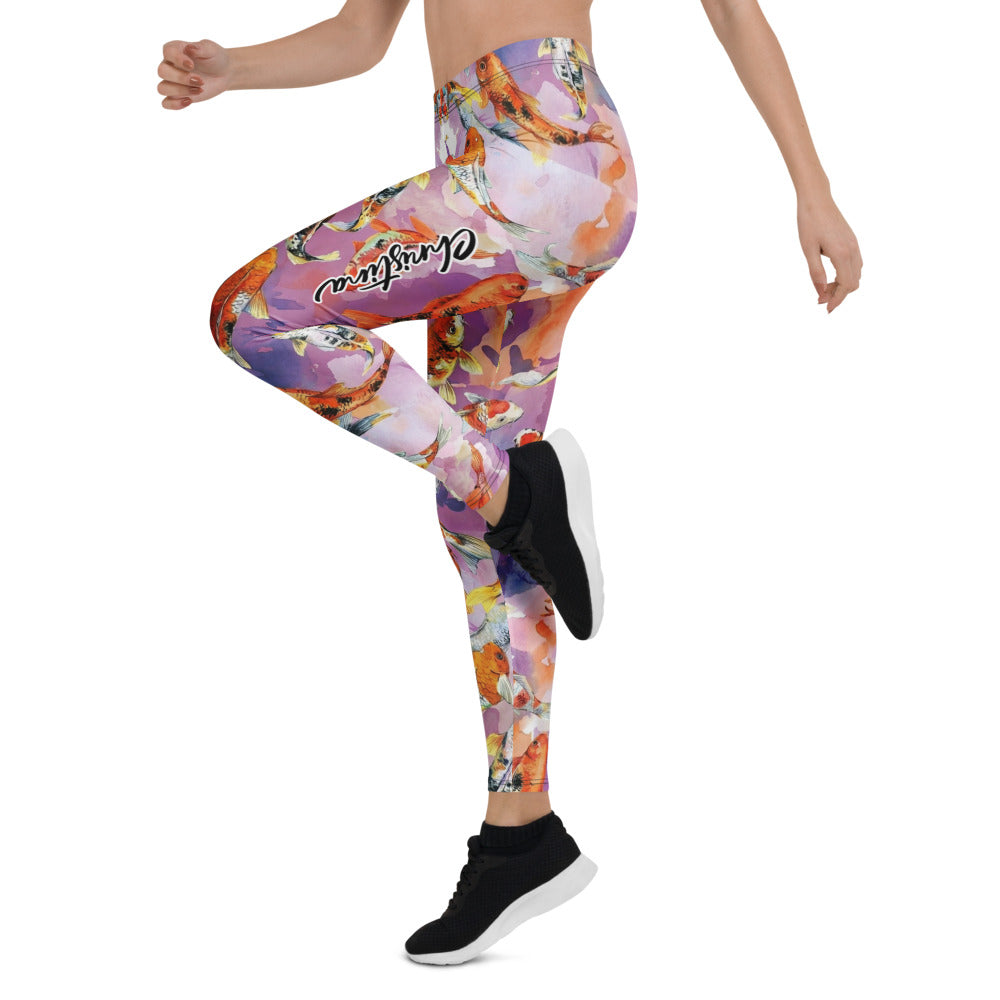 Personalisierte Damen Sportleggings Koi Karpfen Muster Japan Design Lila Fitness Yoga Leggings U414