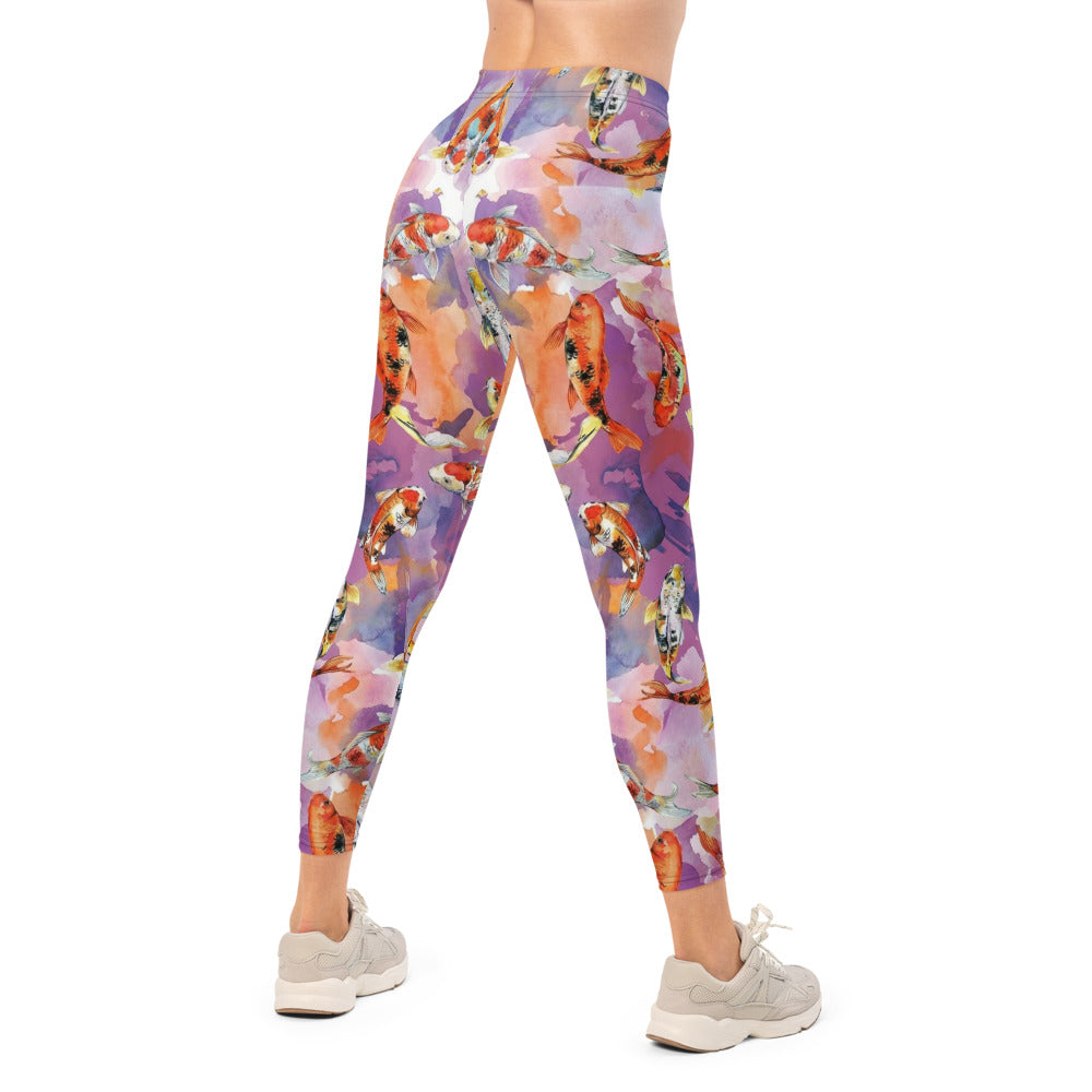 Personalisierte Damen Sportleggings Koi Karpfen Muster Japan Design Lila Fitness Yoga Leggings U414