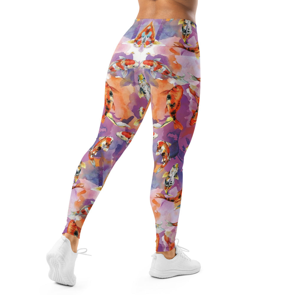 Personalisierte Damen Sportleggings Koi Karpfen Muster Japan Design Lila Fitness Yoga Leggings U414