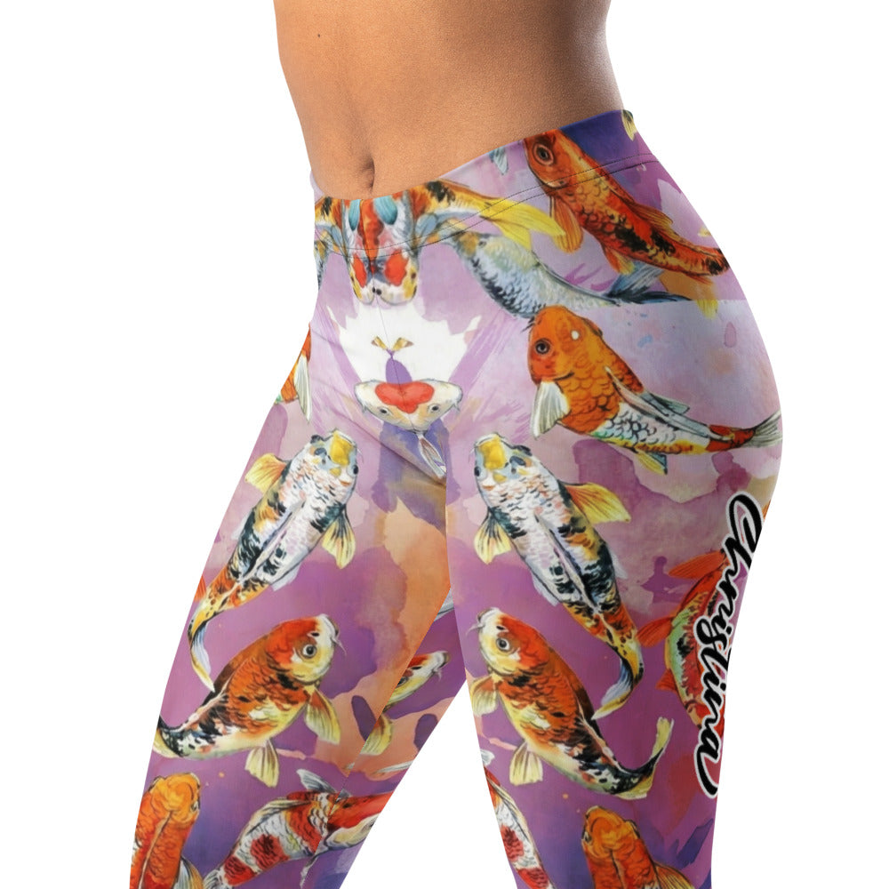 Personalisierte Damen Sportleggings Koi Karpfen Muster Japan Design Lila Fitness Yoga Leggings U414