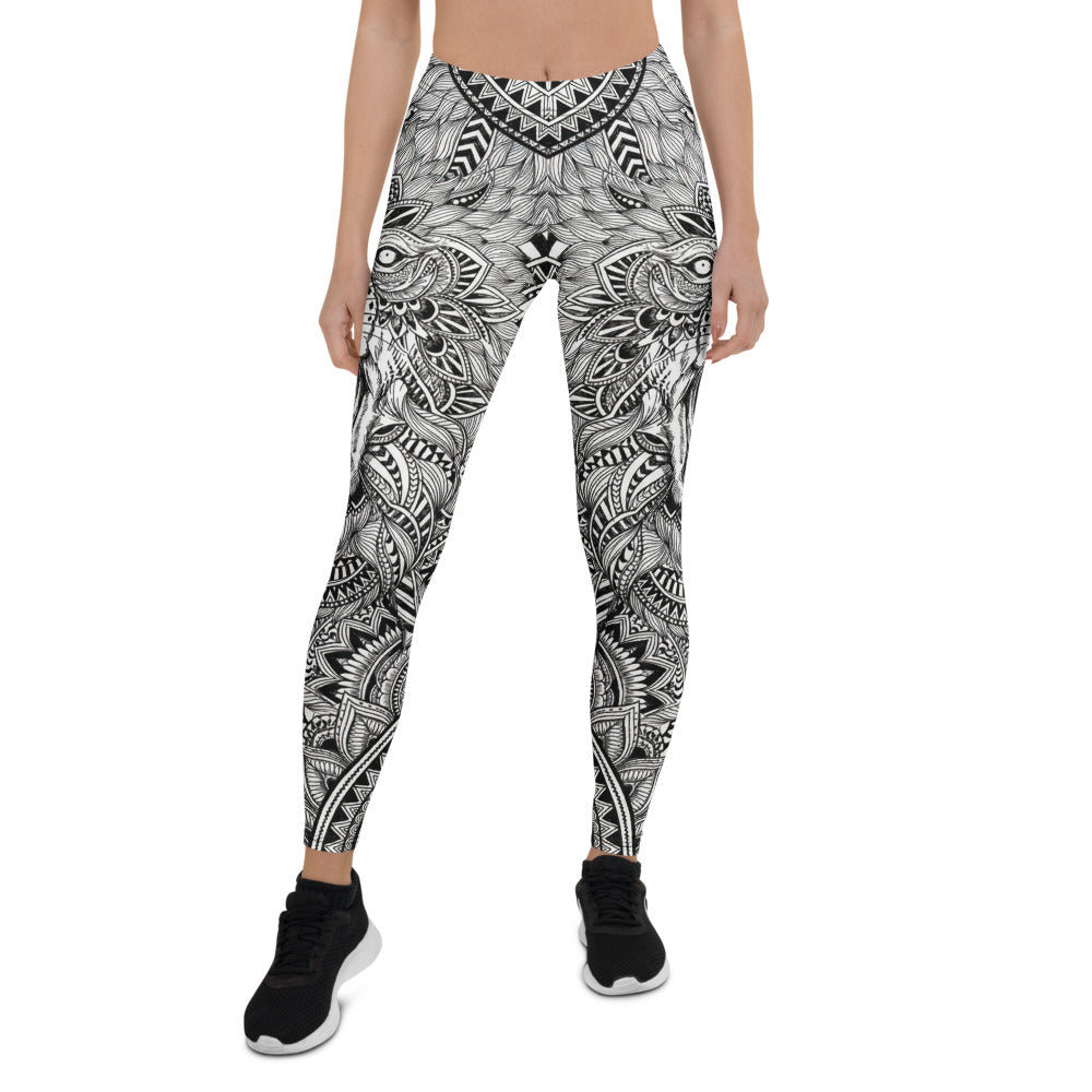 Personalisierte Sportleggings Damen Mandala Muster Schwarz Weiß Fitness Yoga Leggings P776