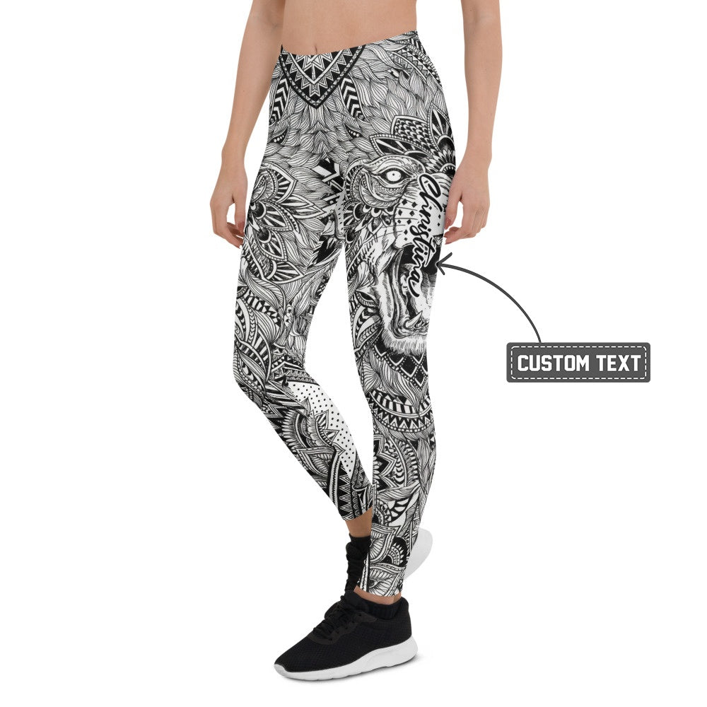 Personalisierte Sportleggings Damen Mandala Muster Schwarz Weiß Fitness Yoga Leggings P776 - XL