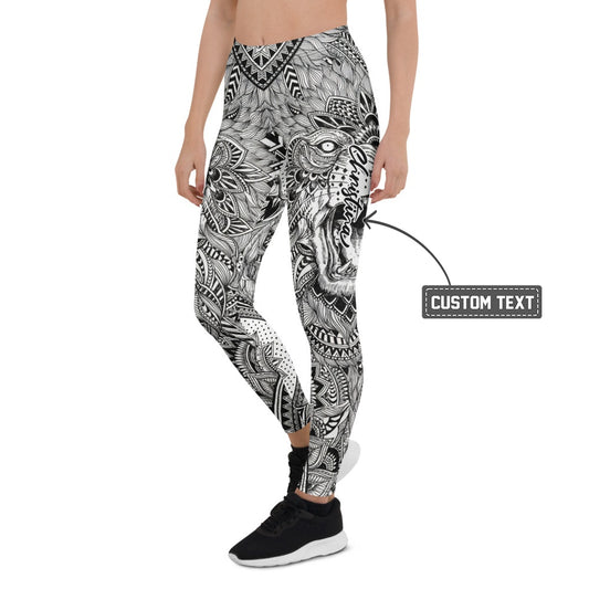 Personalisierte Sportleggings Damen Mandala Muster Schwarz Weiß Fitness Yoga Leggings P776 - XL