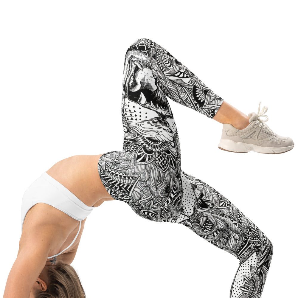 Personalisierte Sportleggings Damen Mandala Muster Schwarz Weiß Fitness Yoga Leggings P776