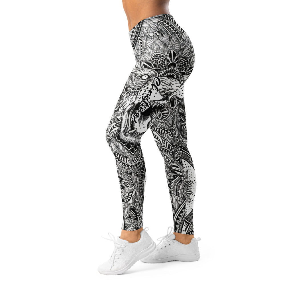 Personalisierte Sportleggings Damen Mandala Muster Schwarz Weiß Fitness Yoga Leggings P776