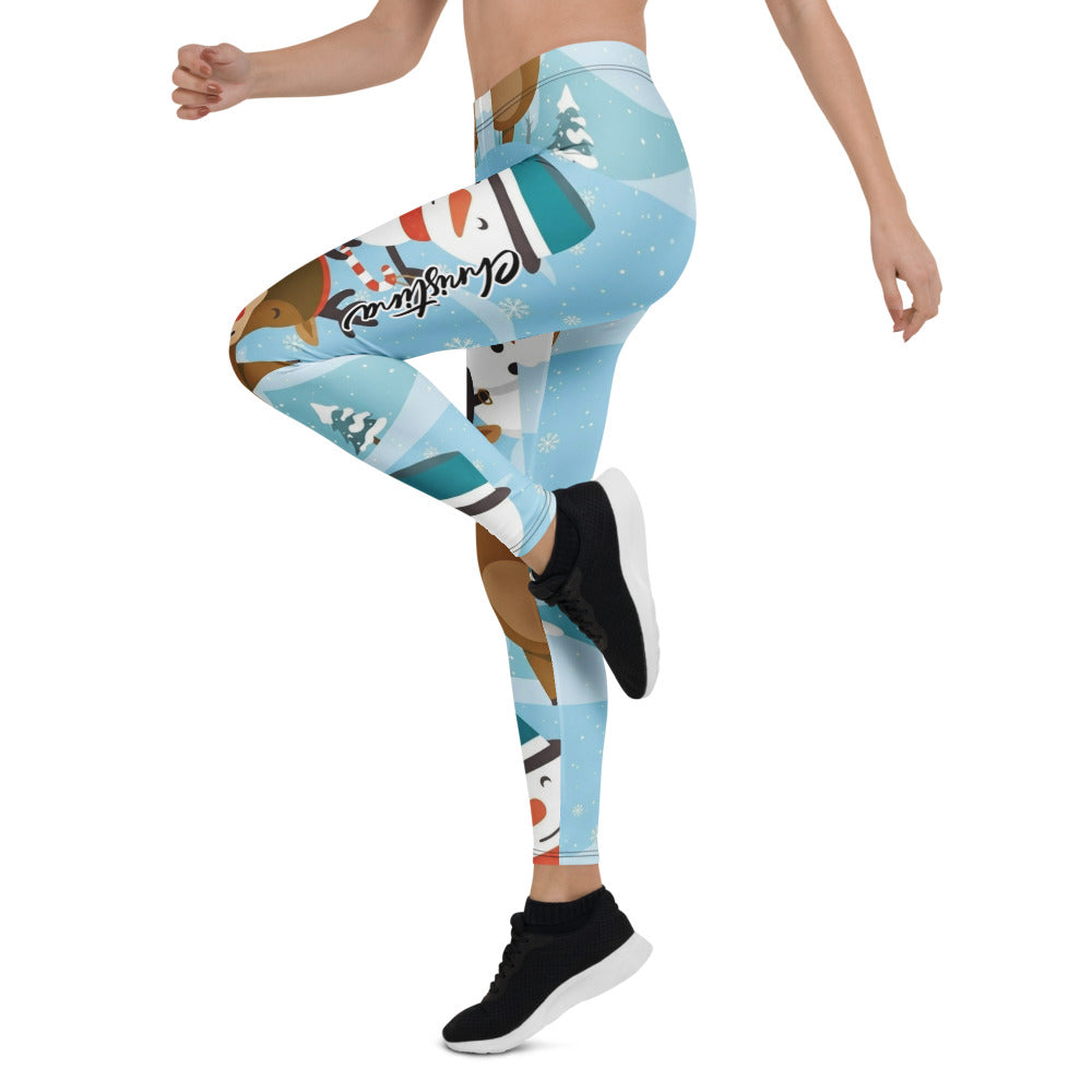 Personalisierte Weihnachtsleggings Damen Schneemann Rentier Motiv Hellblau Sportleggings Fitnesshose V670