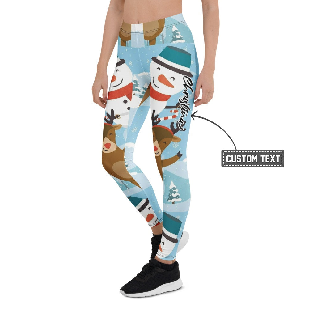 Personalisierte Weihnachtsleggings Damen Schneemann Rentier Motiv Hellblau Sportleggings Fitnesshose V670 - XL