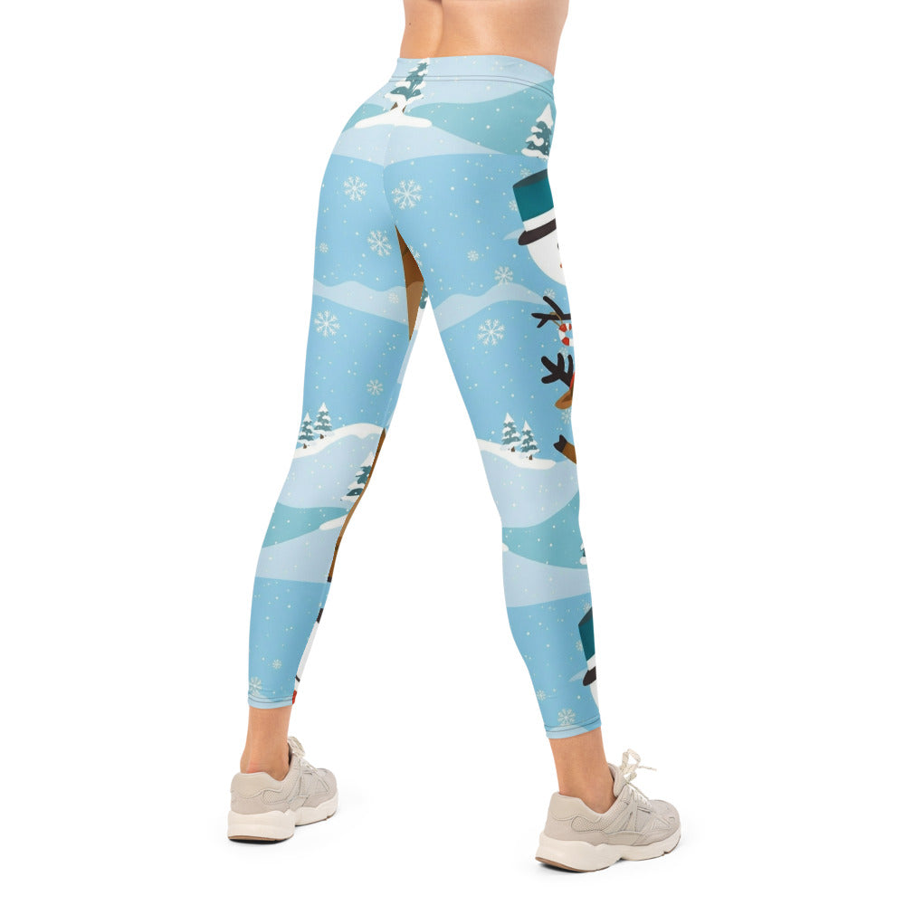 Personalisierte Weihnachtsleggings Damen Schneemann Rentier Motiv Hellblau Sportleggings Fitnesshose V670