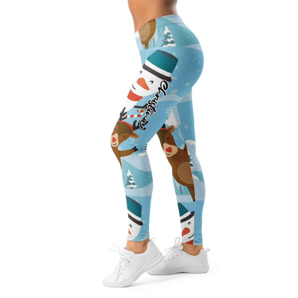 Personalisierte Weihnachtsleggings Damen Schneemann Rentier Motiv Hellblau Sportleggings Fitnesshose V670