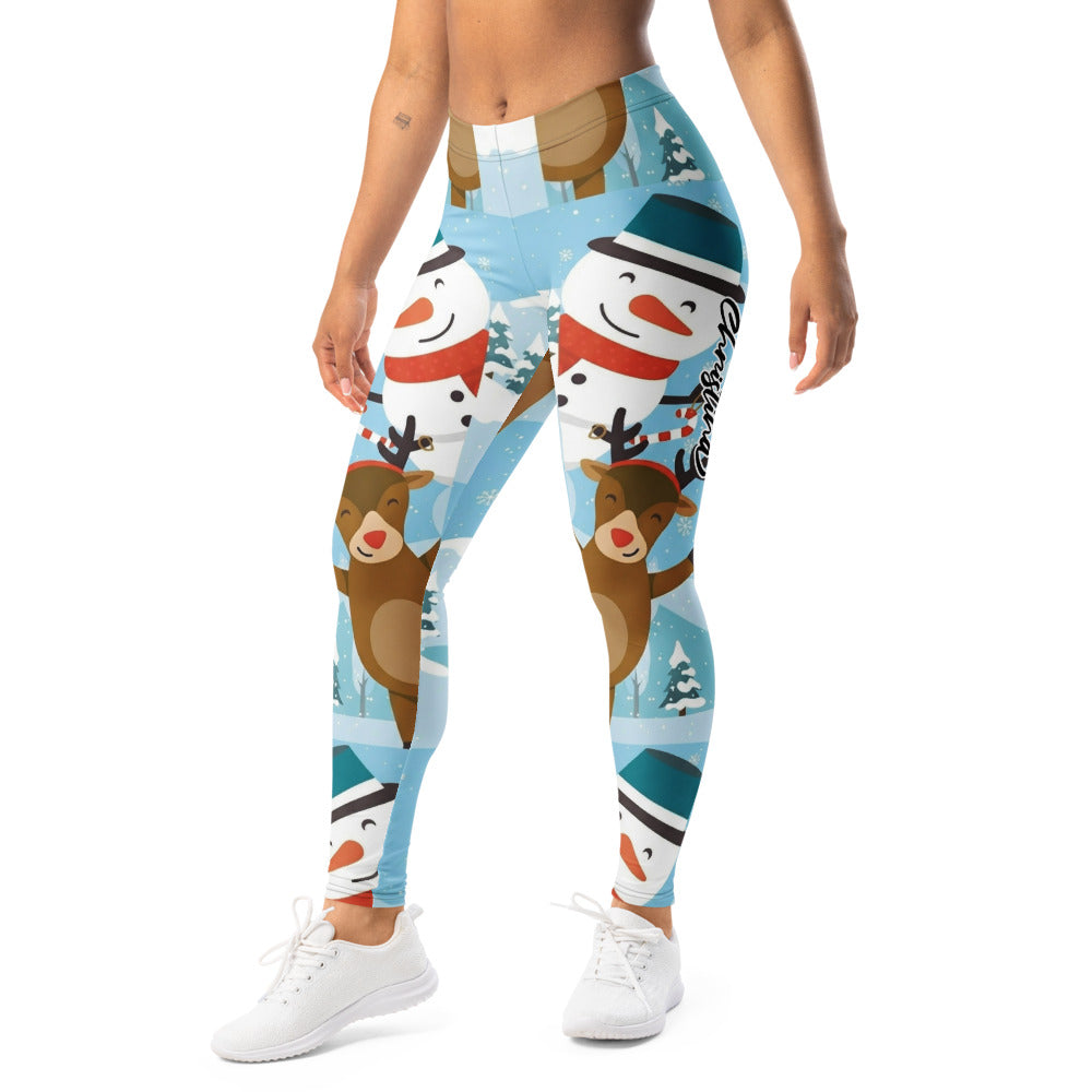 Personalisierte Weihnachtsleggings Damen Schneemann Rentier Motiv Hellblau Sportleggings Fitnesshose V670