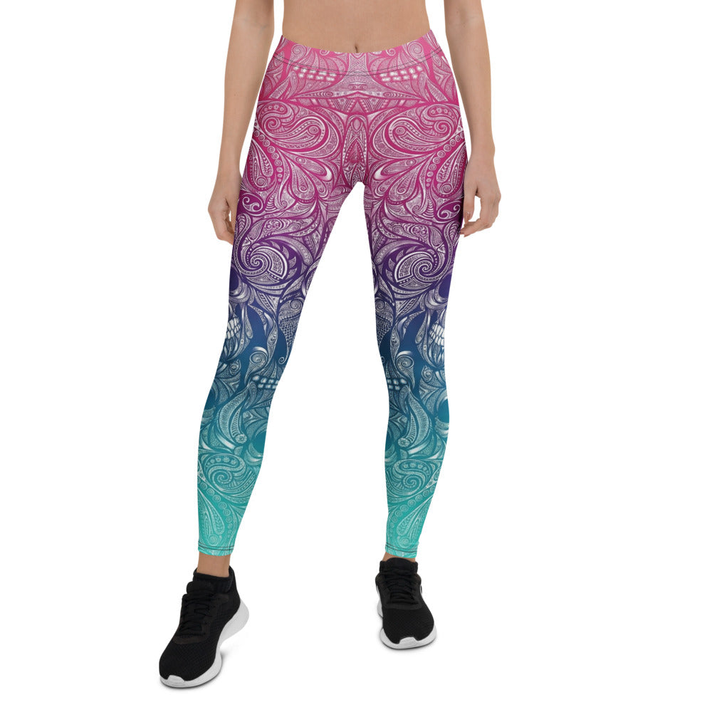 Personalisierte Damen Sportleggings Mandala Totenkopf Design Farbverlauf Pink Türkis Fitness Leggings F131