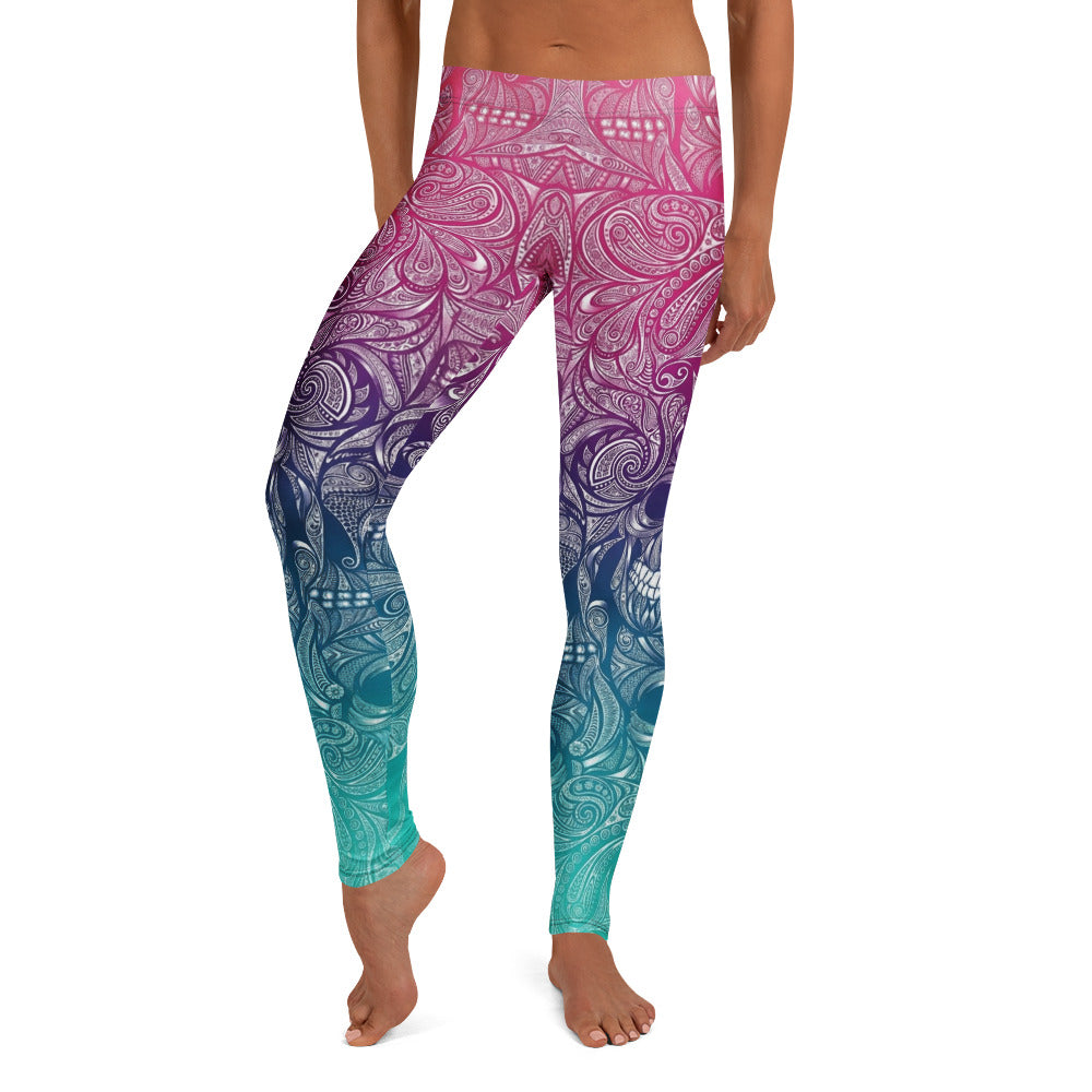 Personalisierte Damen Sportleggings Mandala Totenkopf Design Farbverlauf Pink Türkis Fitness Leggings F131